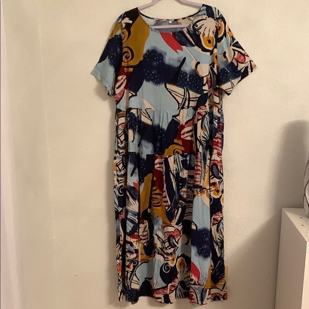 Boho Abstract Print Cotton Short Sleeve Women's Maxi Dress Size XL